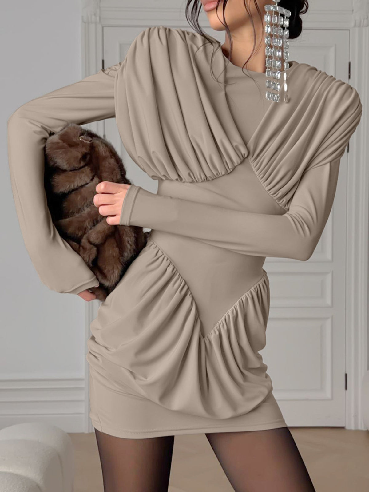 Ruched Long Sleeve Bodycon Mini Dress - Khaki - View 2