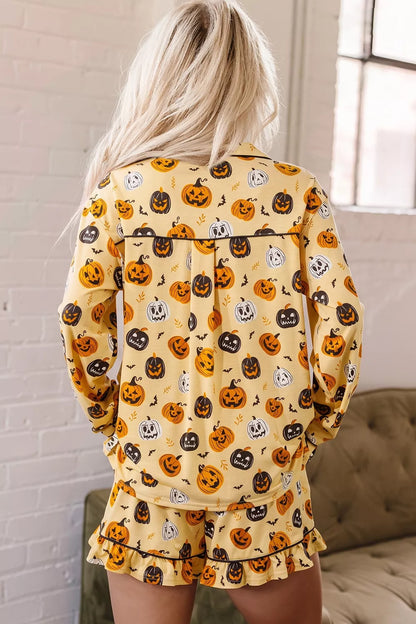 Halloween Pumpkin Print Long Sleeve Two Piece Lounge Set - Gold - View 2