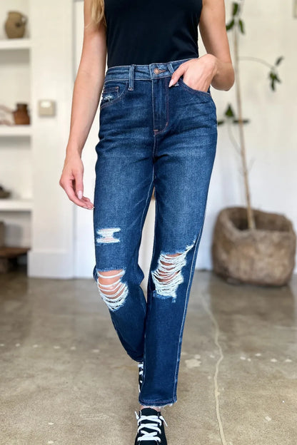 Judy Blue Full Size High Waist Rigid Magic Heavy Destroy Straight Jeans - Dark - View 8