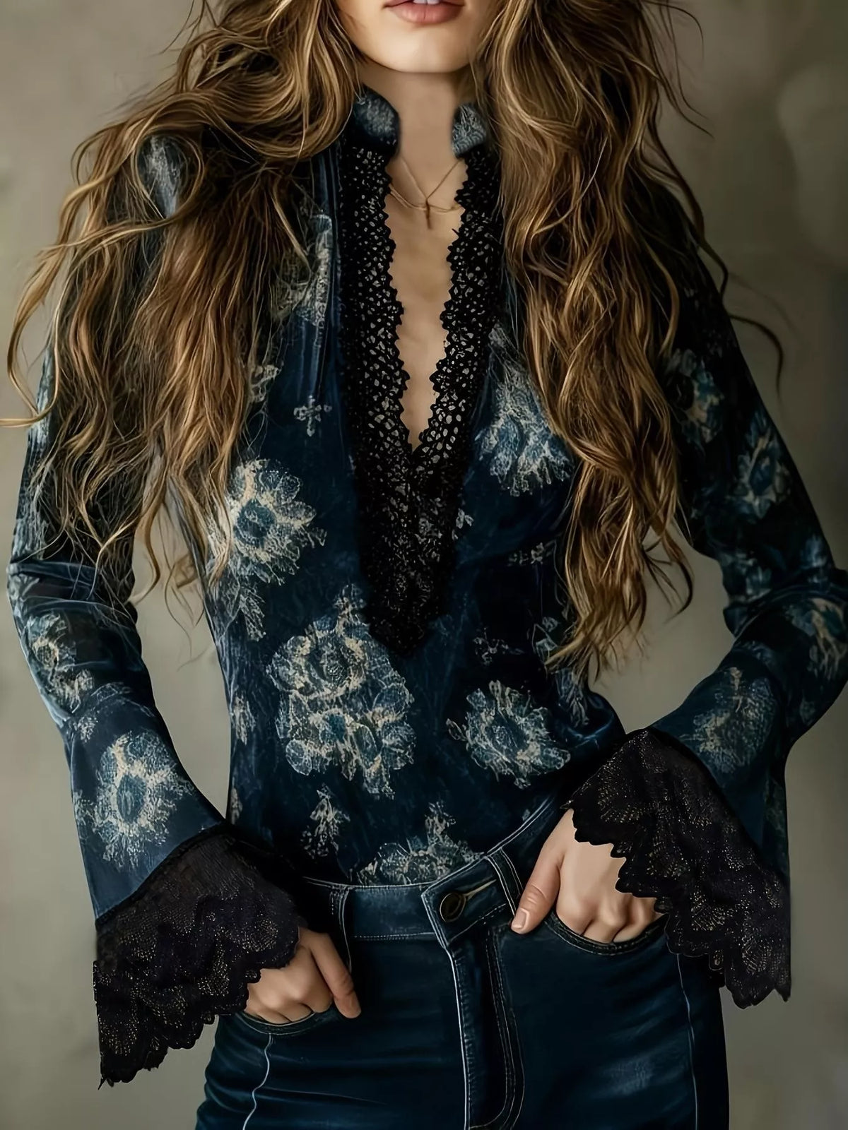 Lace Trim Flare Sleeves Blouse - Mixed Color - View 1