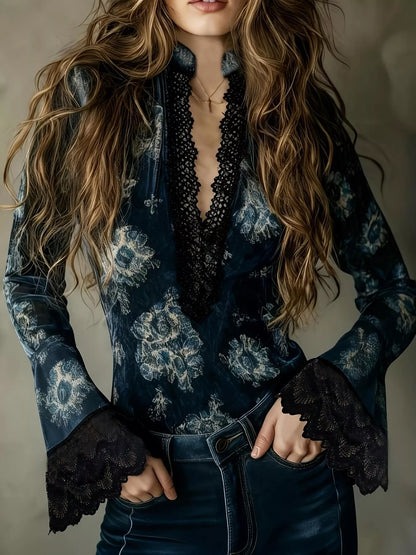 Lace Trim Flare Sleeves Blouse - Mixed Color - View 1