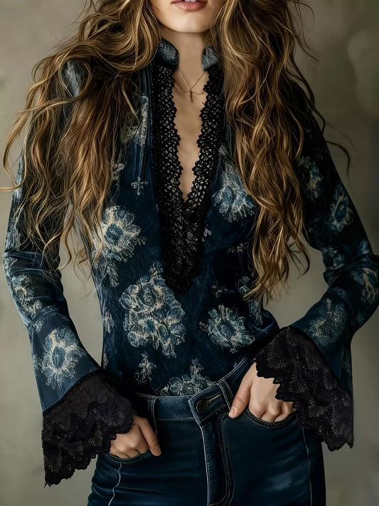 Lace Trim Flare Sleeves Blouse - Mixed Color - View 1