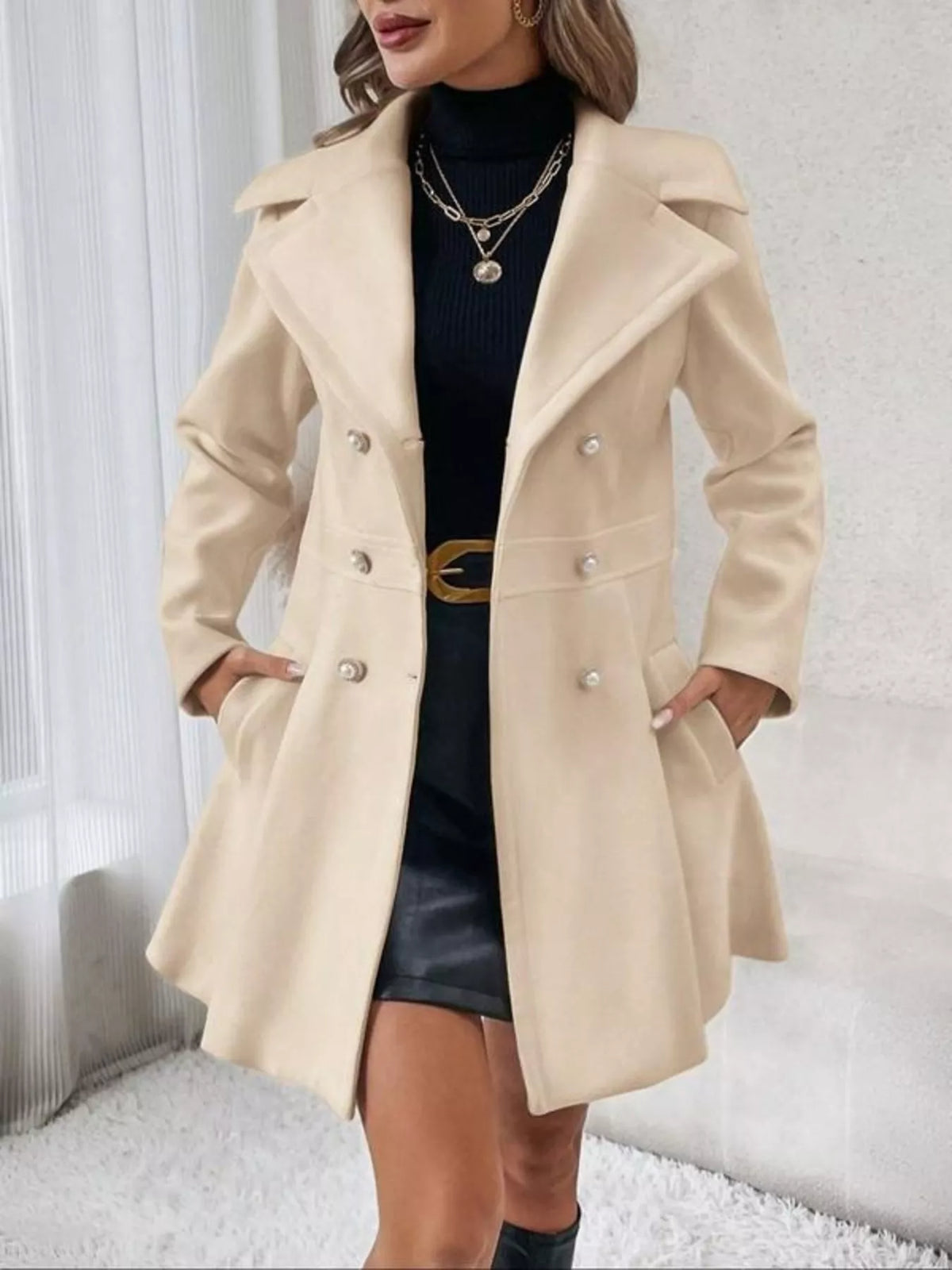 Double-Breasted Peplum Coat - Apricot Color - View 1