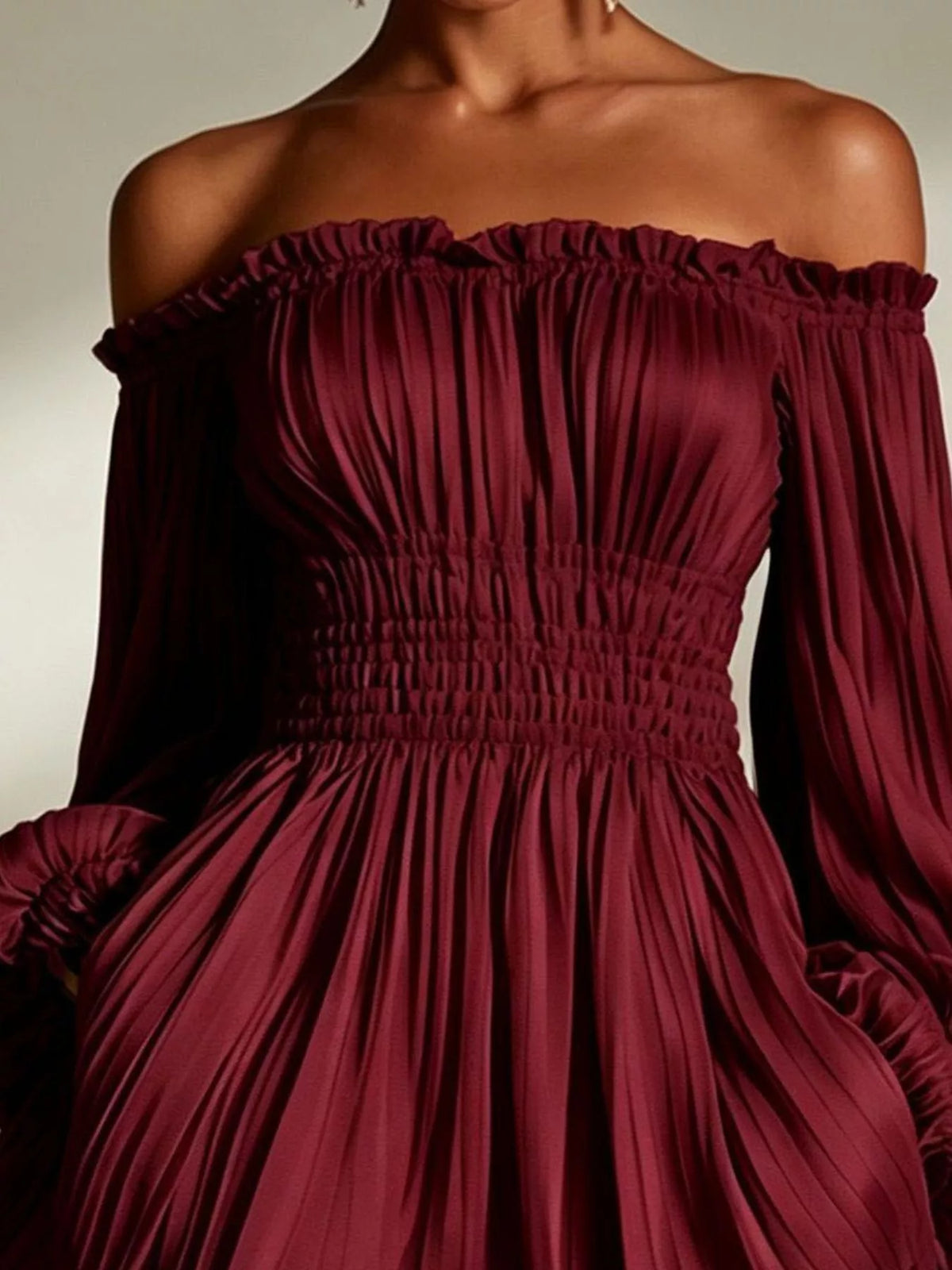 Off-Shoulder Pleated Mini Dress - Burgundy - View 2
