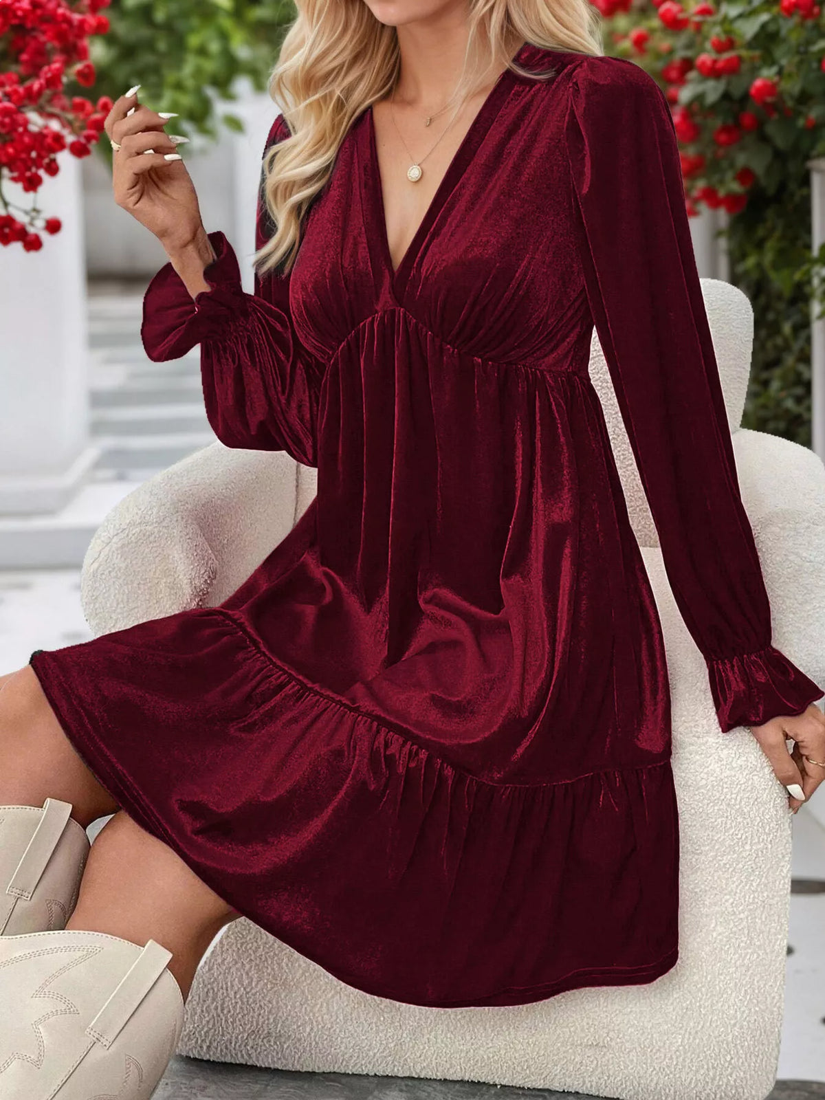 Velvet V-Neck Long Sleeve Ruffle Hem Mini Dress - Wine Red - View 2