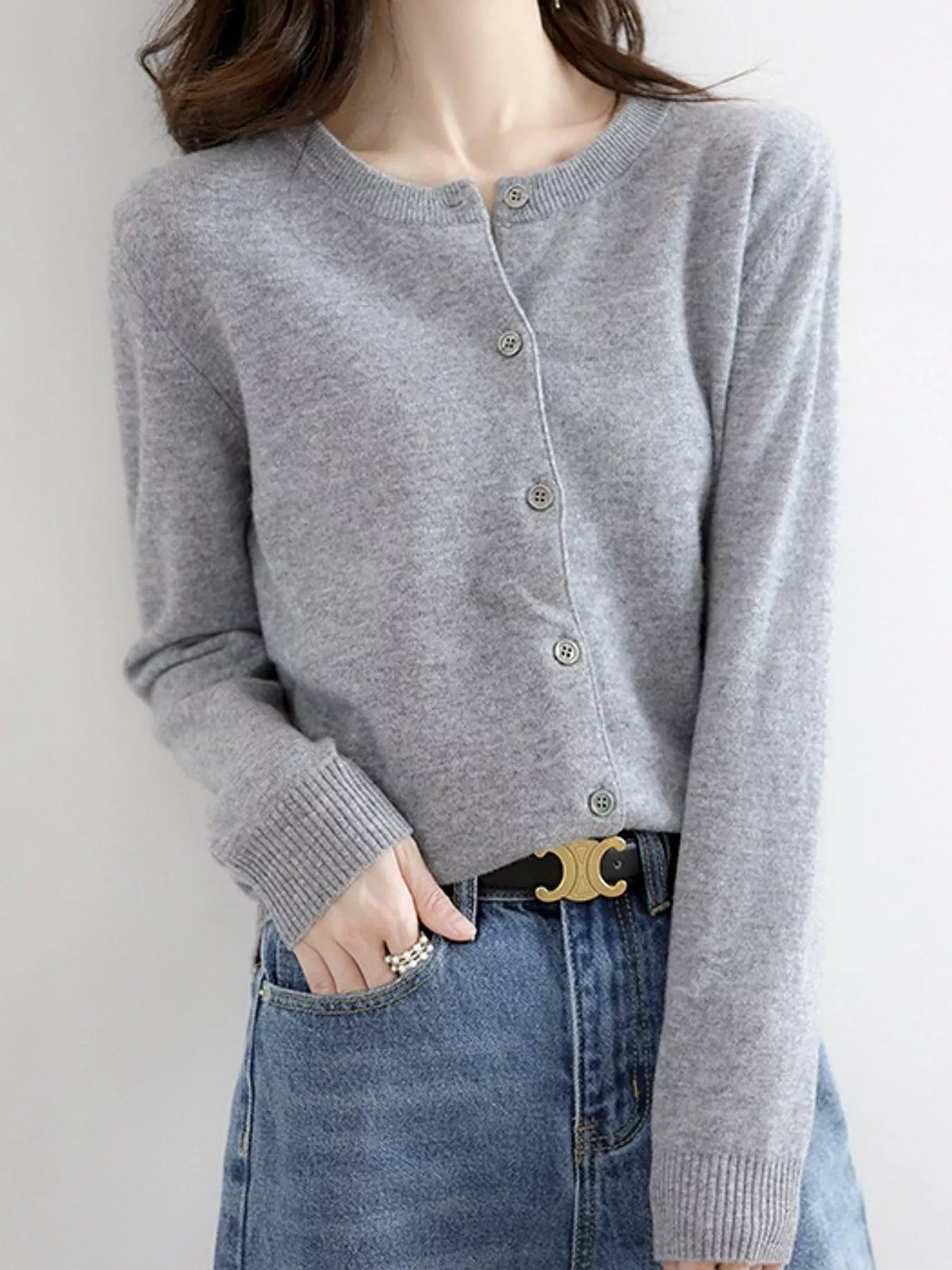 Crew-Neck Button-Down Cardigan - Medium Gray - View 55
