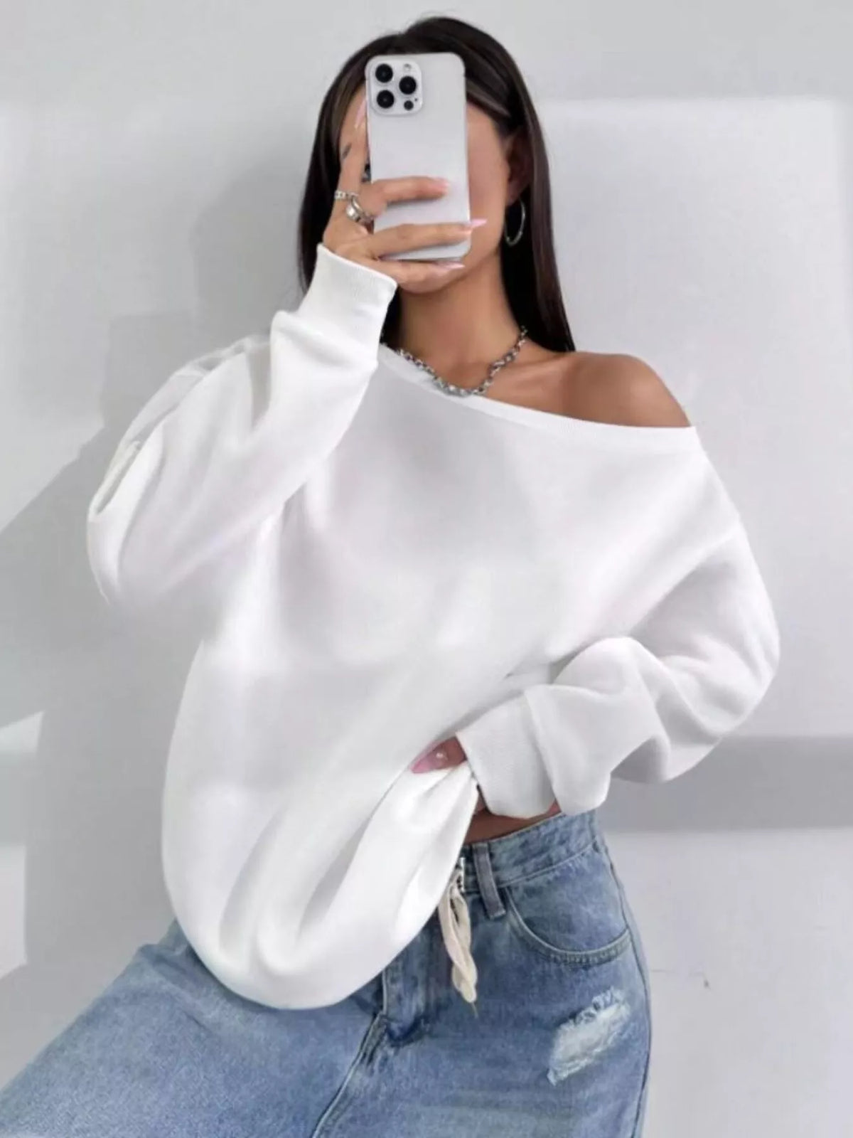 One Shoulder Dropped Shoulder Sweatshirt - White - View 1