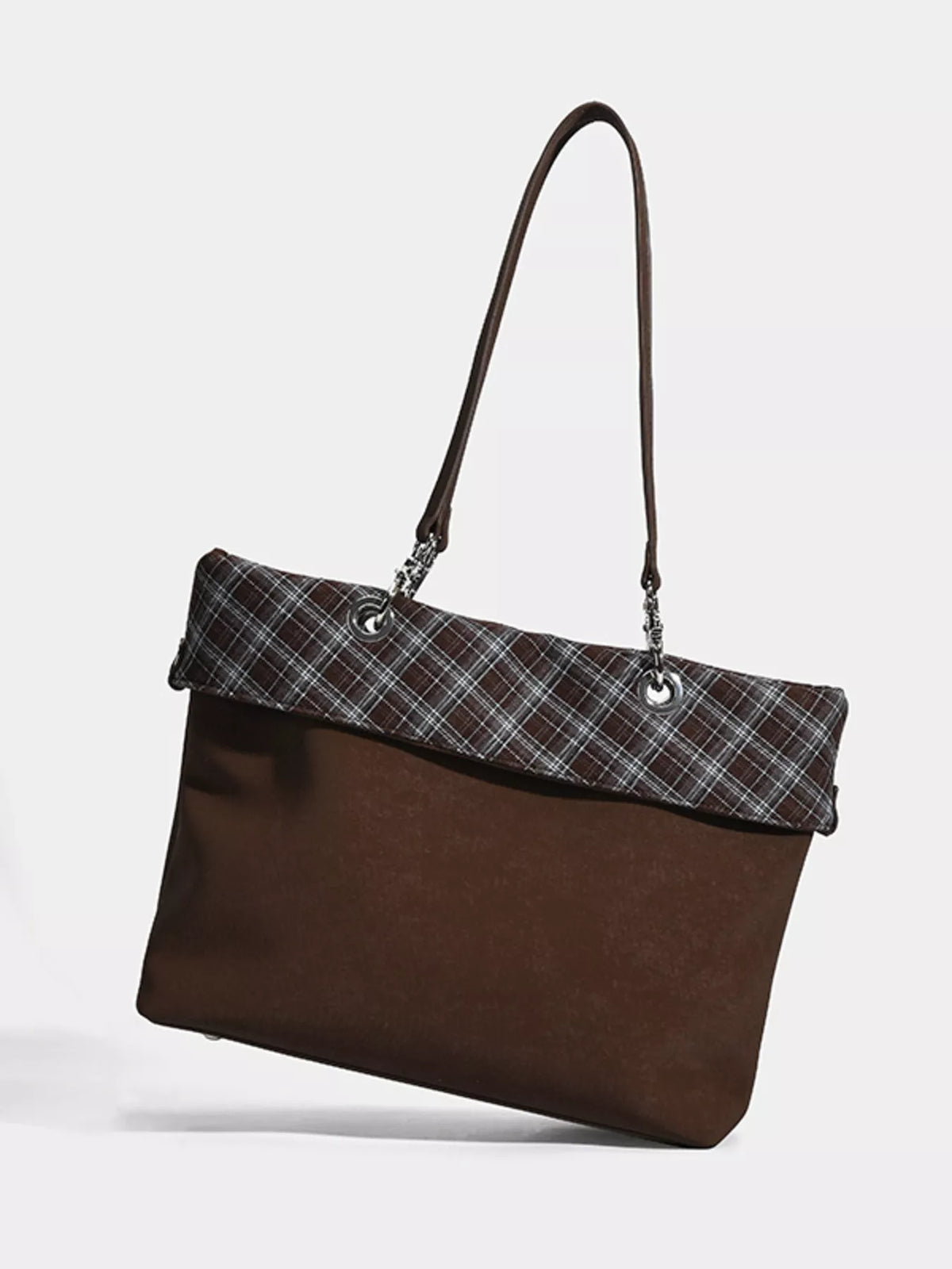 Plaid Trim Shoulder Bag - Coffee - View 2