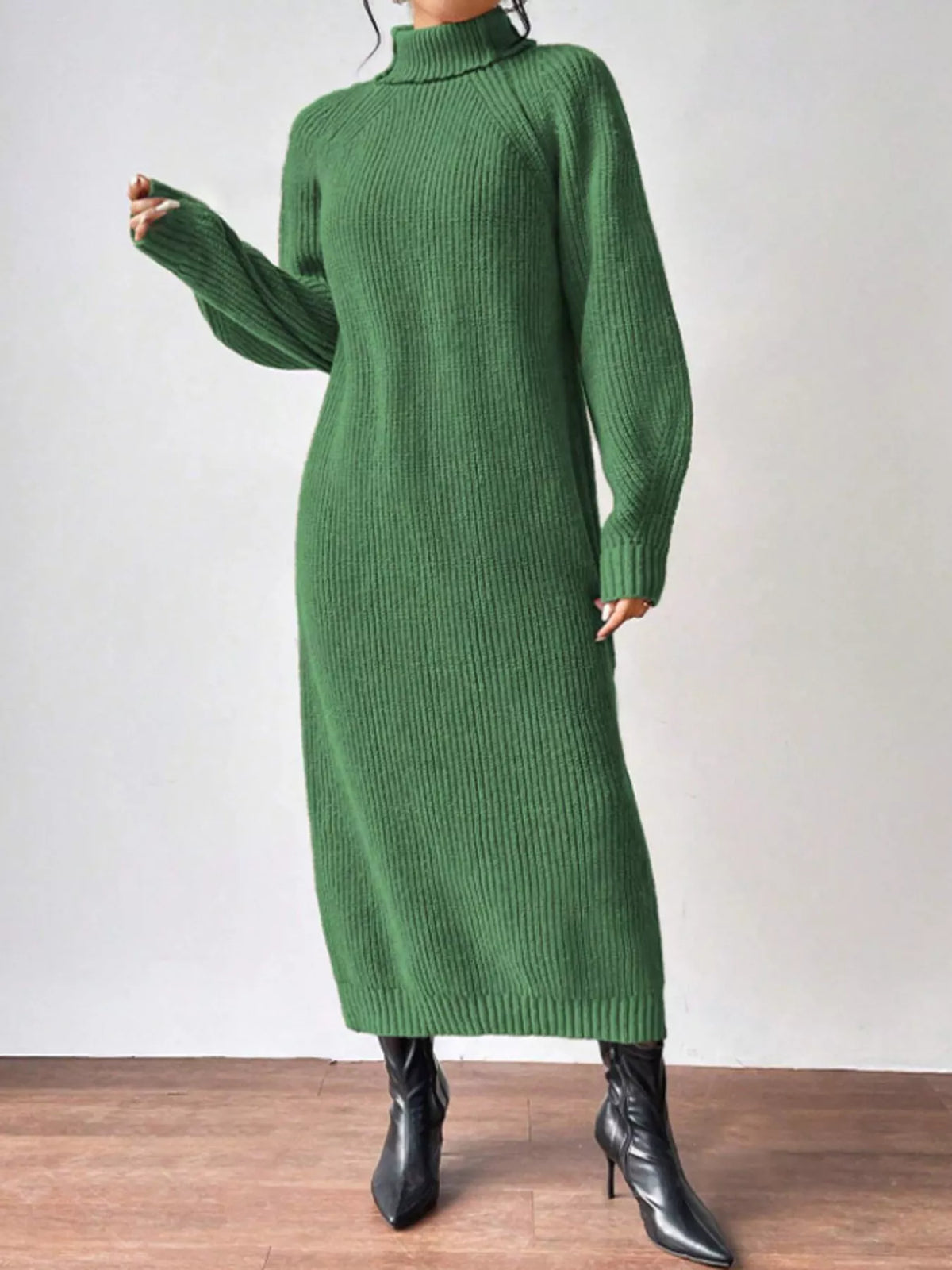Turtleneck Ribbed Knit Midi Sweater Dress - Green - View 1
