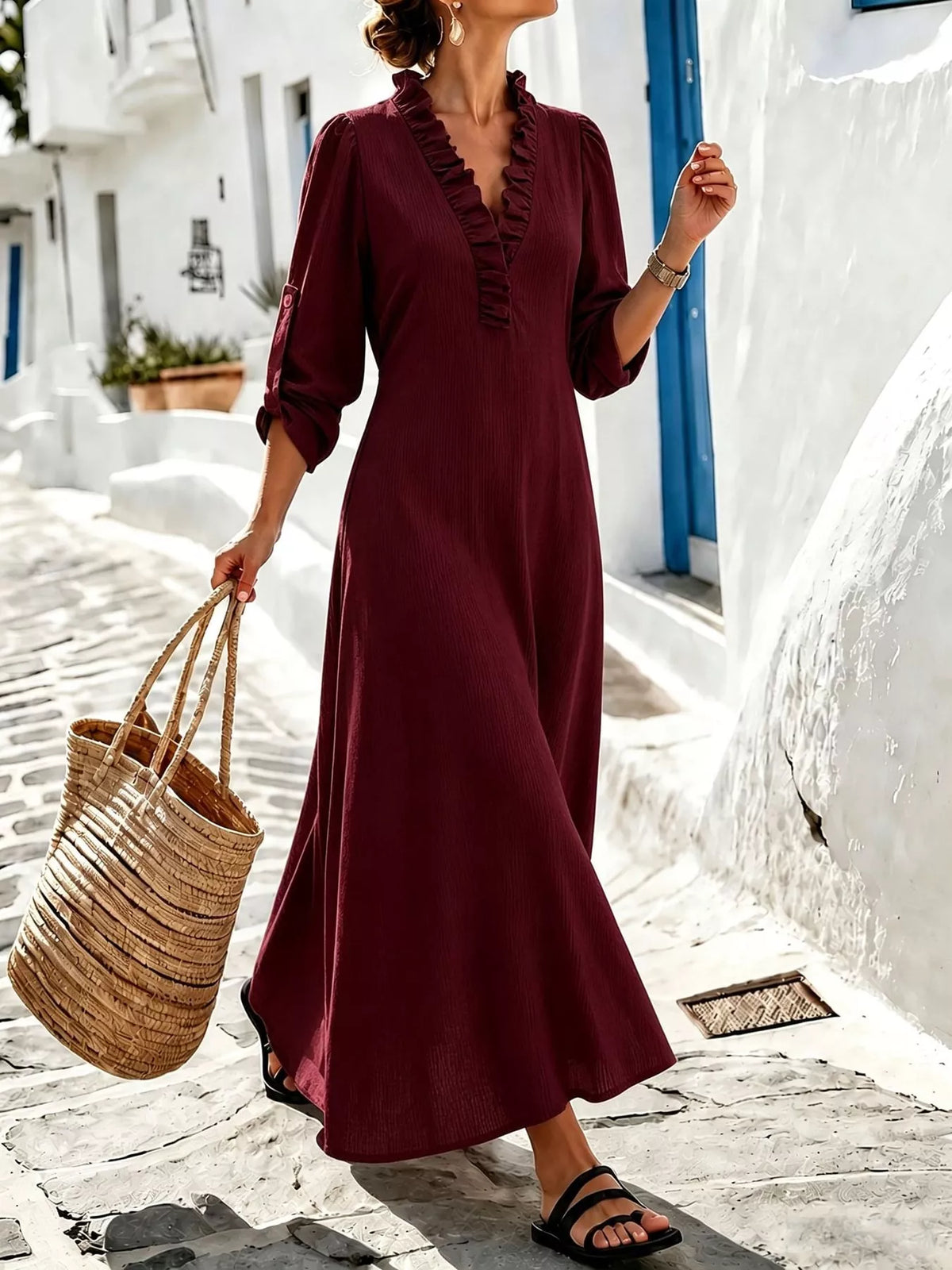 Full Size Frill Roll-Up Sleeve Maxi Dress Plus Size - Wine Red - View 14