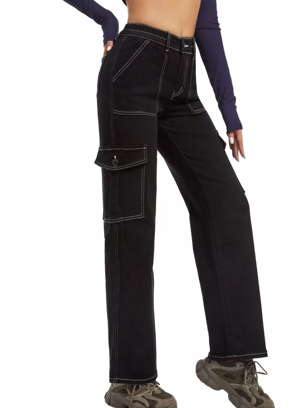High-Waisted Cargo Jeans - Black - View 2