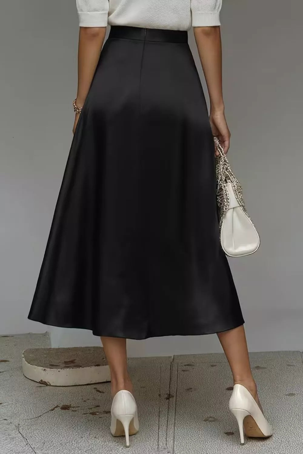 Satin A-Line Midi Skirt - Black - View 7