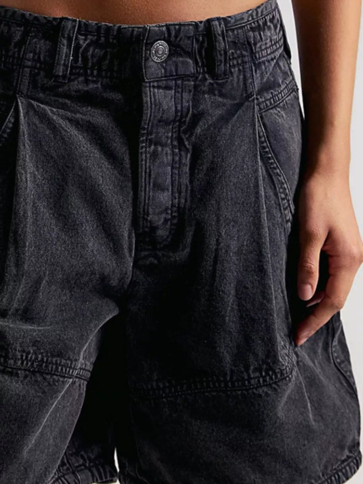 High-Waisted Denim Shorts - Black - View 3