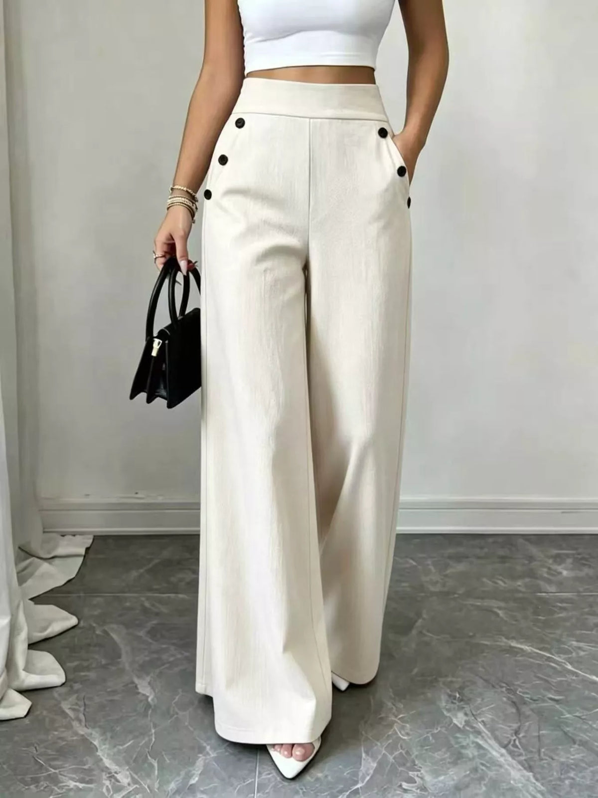 High-Waisted Wide-Leg Pants - Cream - View 13