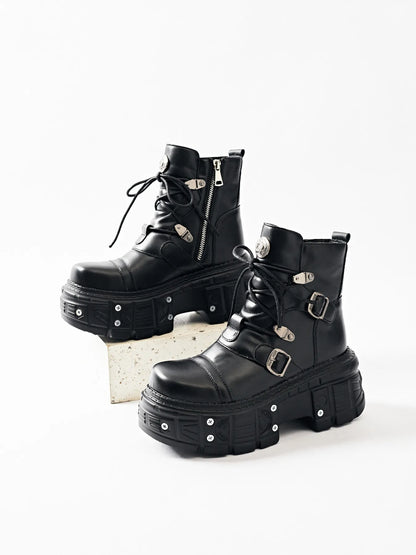 Lace Up Platform Boots - Black - View 11