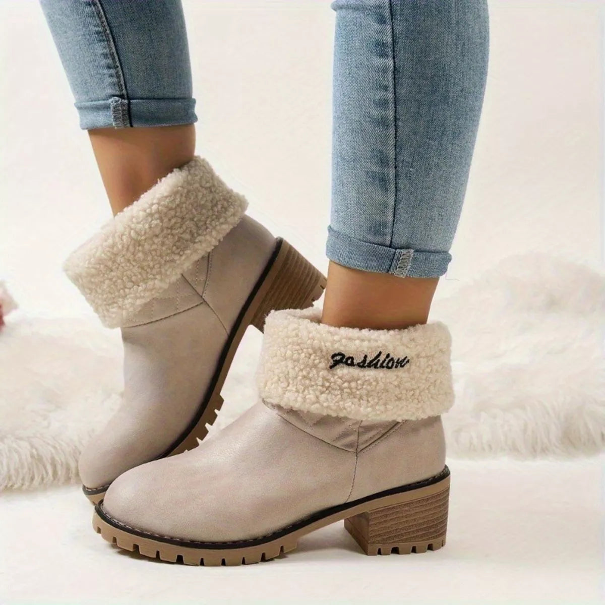 Round Toe Block Heels Boots - Beige - View 1