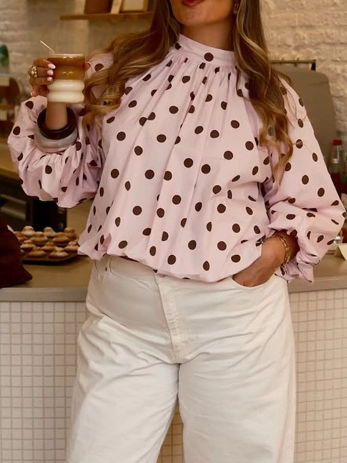Polka Dot Open-Back Tied Blouse - Pink - View 2