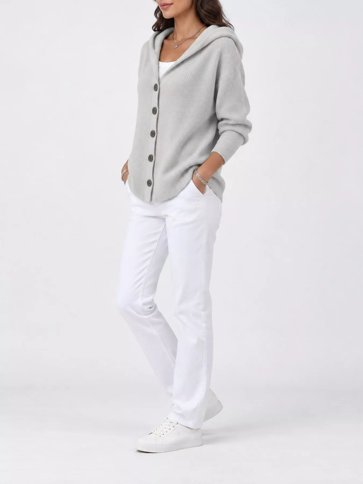 Full Size Hooded Button-Down Knit Cardigan Plus Size - Gray - View 48