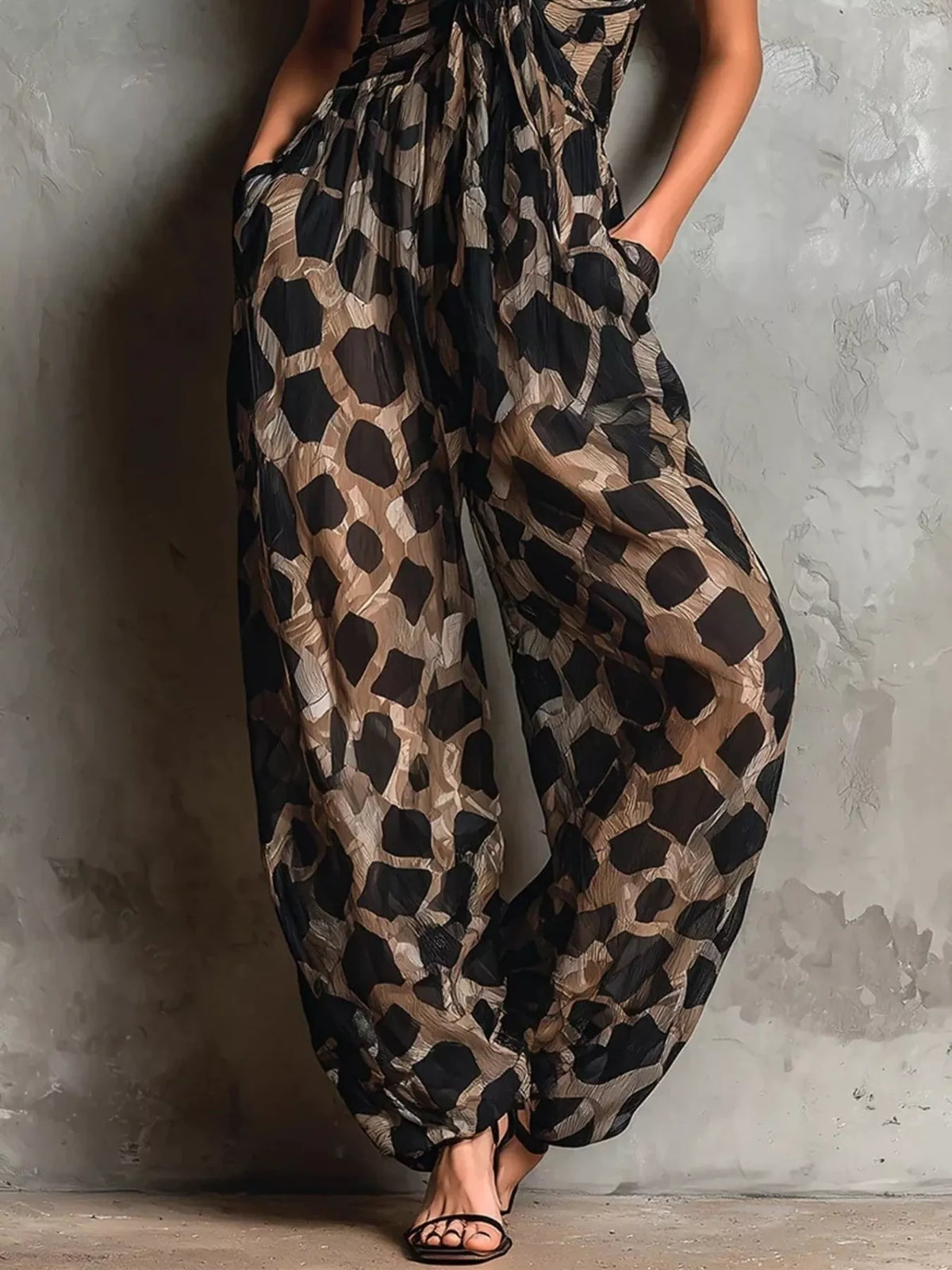 Leopard Front Tie Detail Wide-Leg Jumpsuit - Taupe - View 5