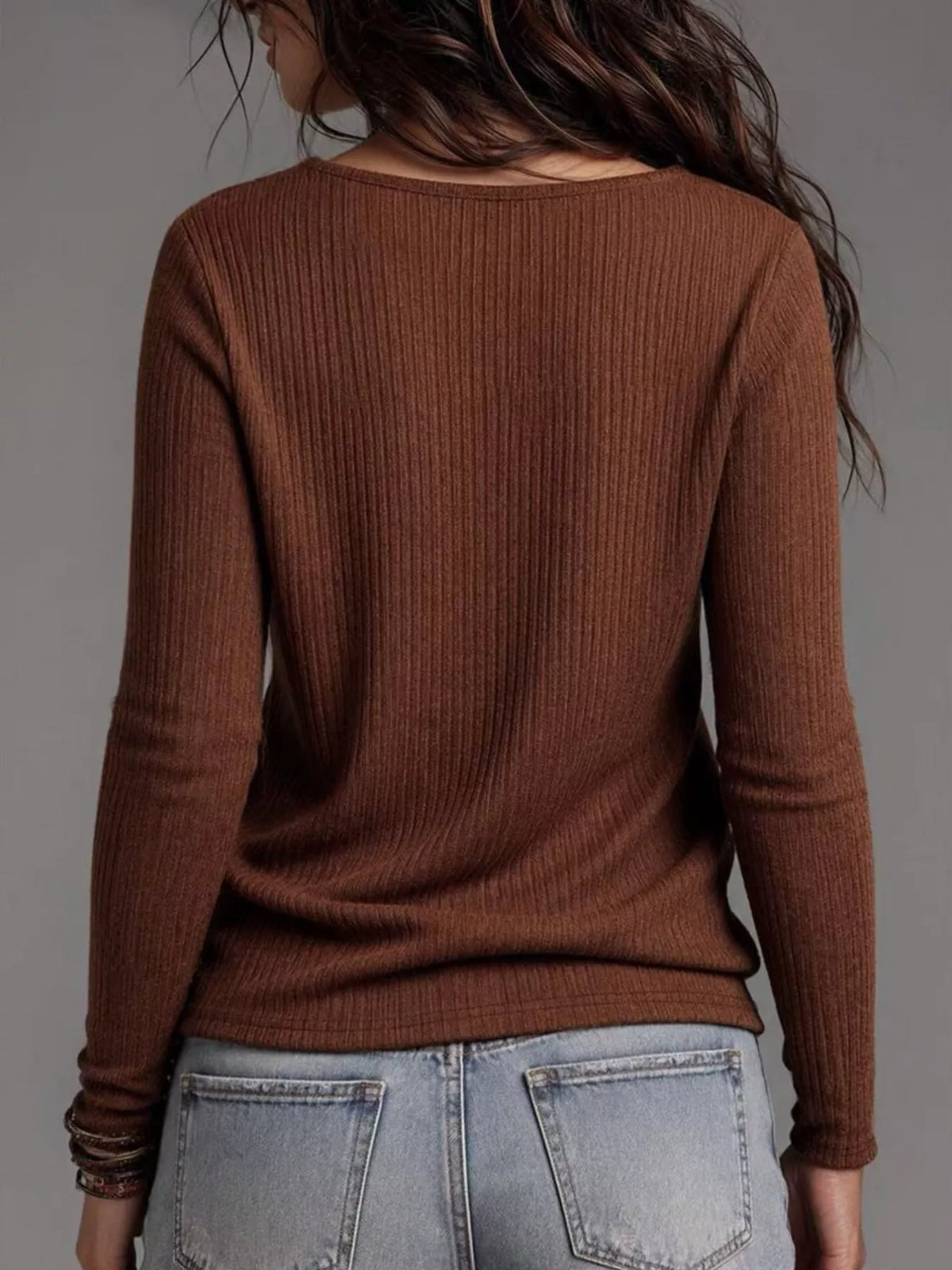 Ribbed Cowl Neck Knit Top - Dark Brown - View 2