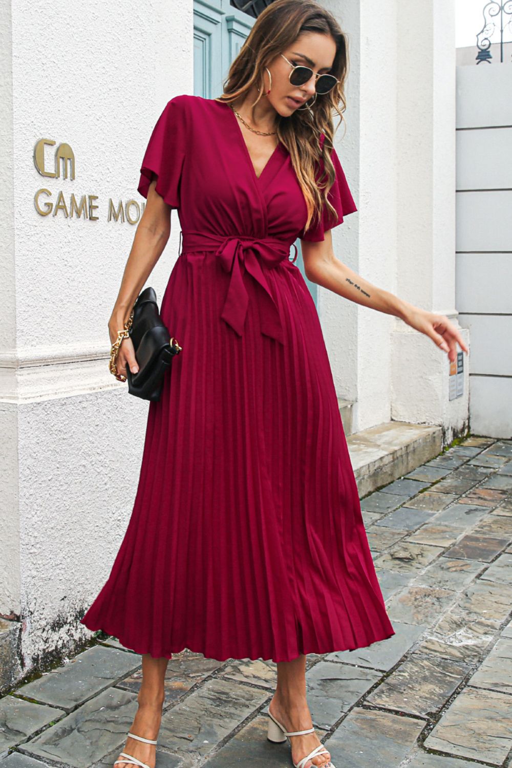 Flutter Sleeve Belted Surplice Midi Dress - Wine - View 5