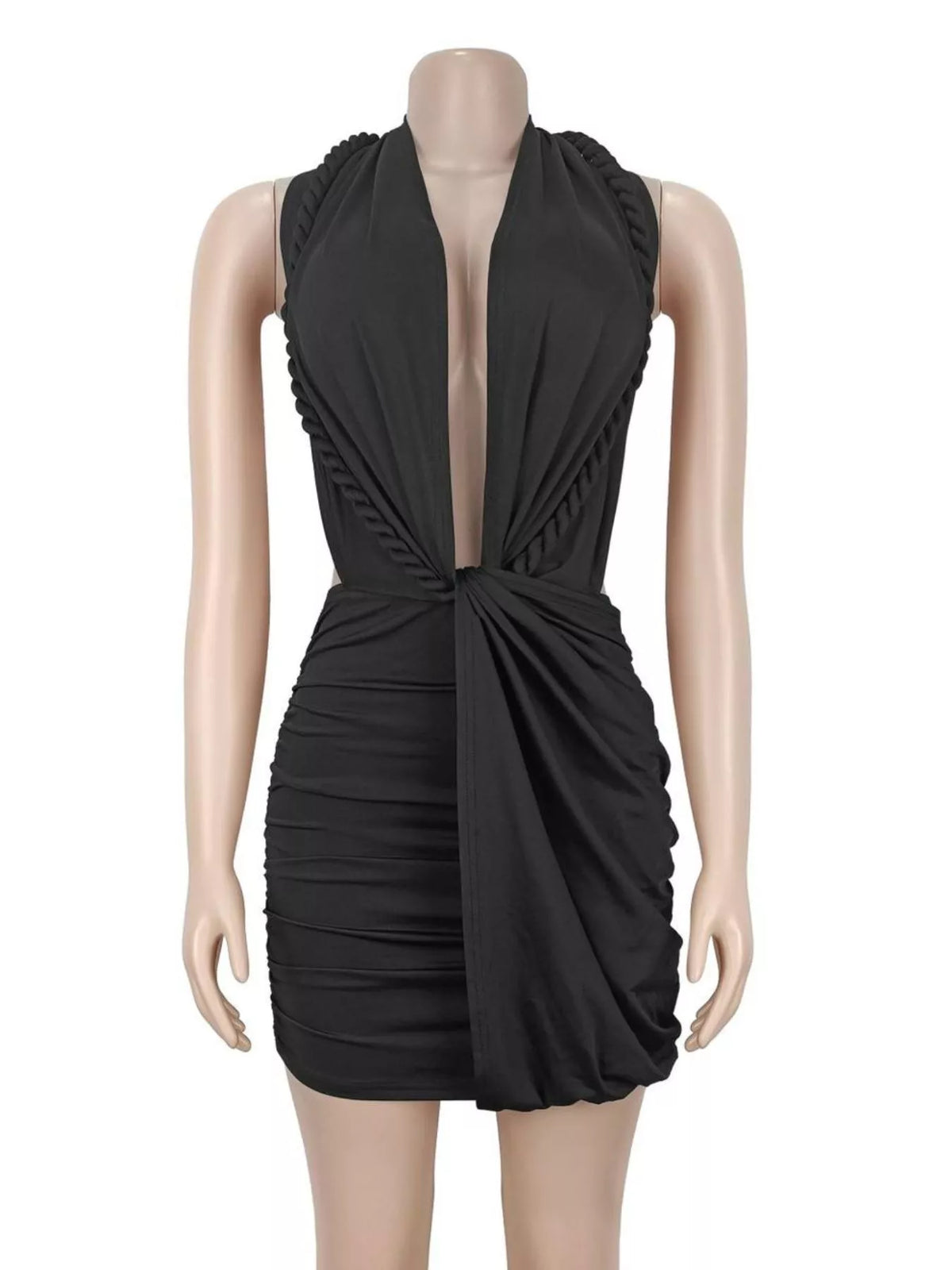 Ruched Halter Neck Bodycon Mini Dress - Black - View 3
