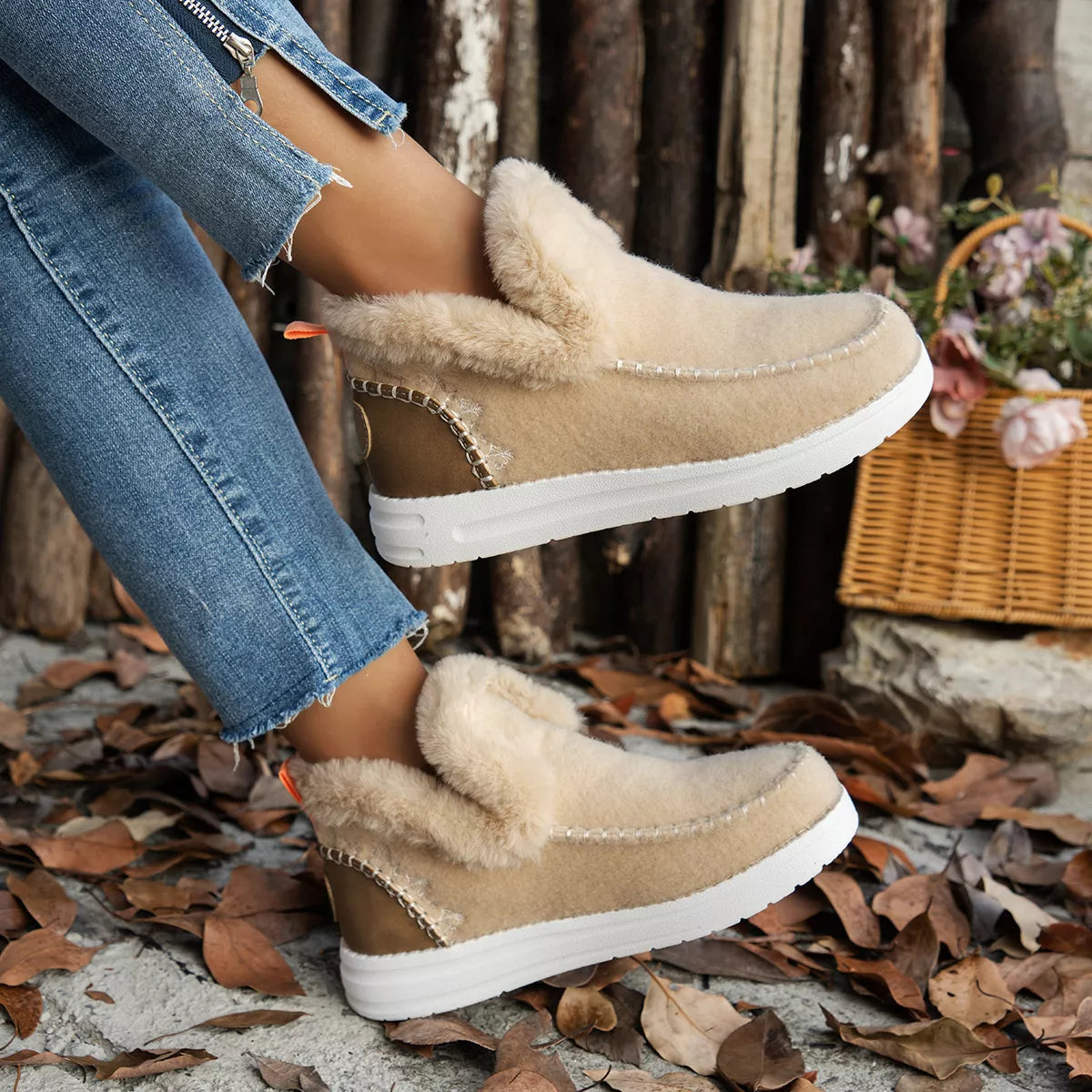 Round Toe Winter Ankle Boots - Beige - View 4
