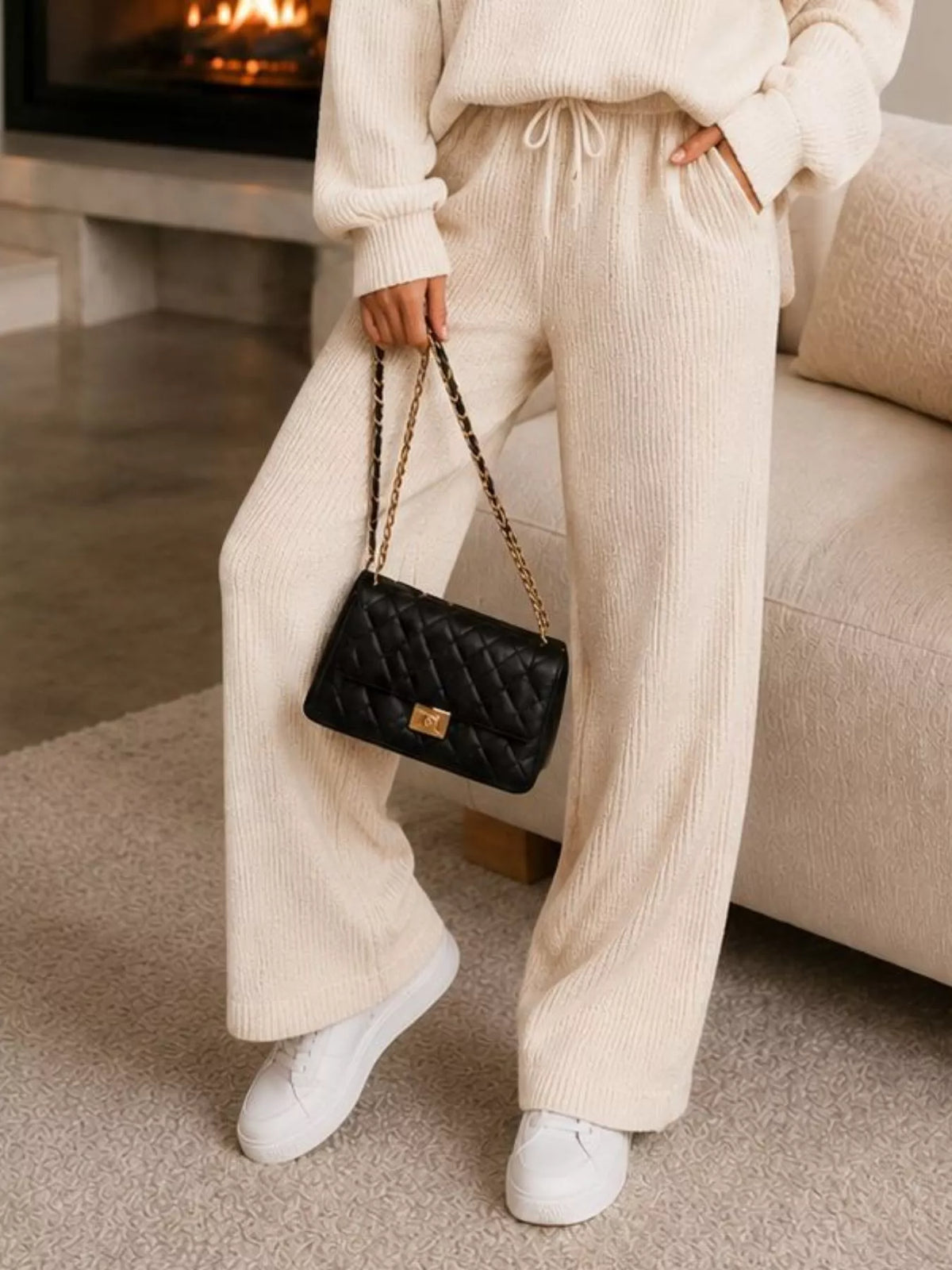 Ribbed Knit Quarter-Zip Top and Wide-Leg Pants Set - Cream - View 3