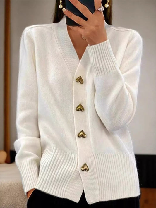 Full Size V-Neck Cardigan with Gold Heart-Shaped Buttons Plus Size - White - View 1