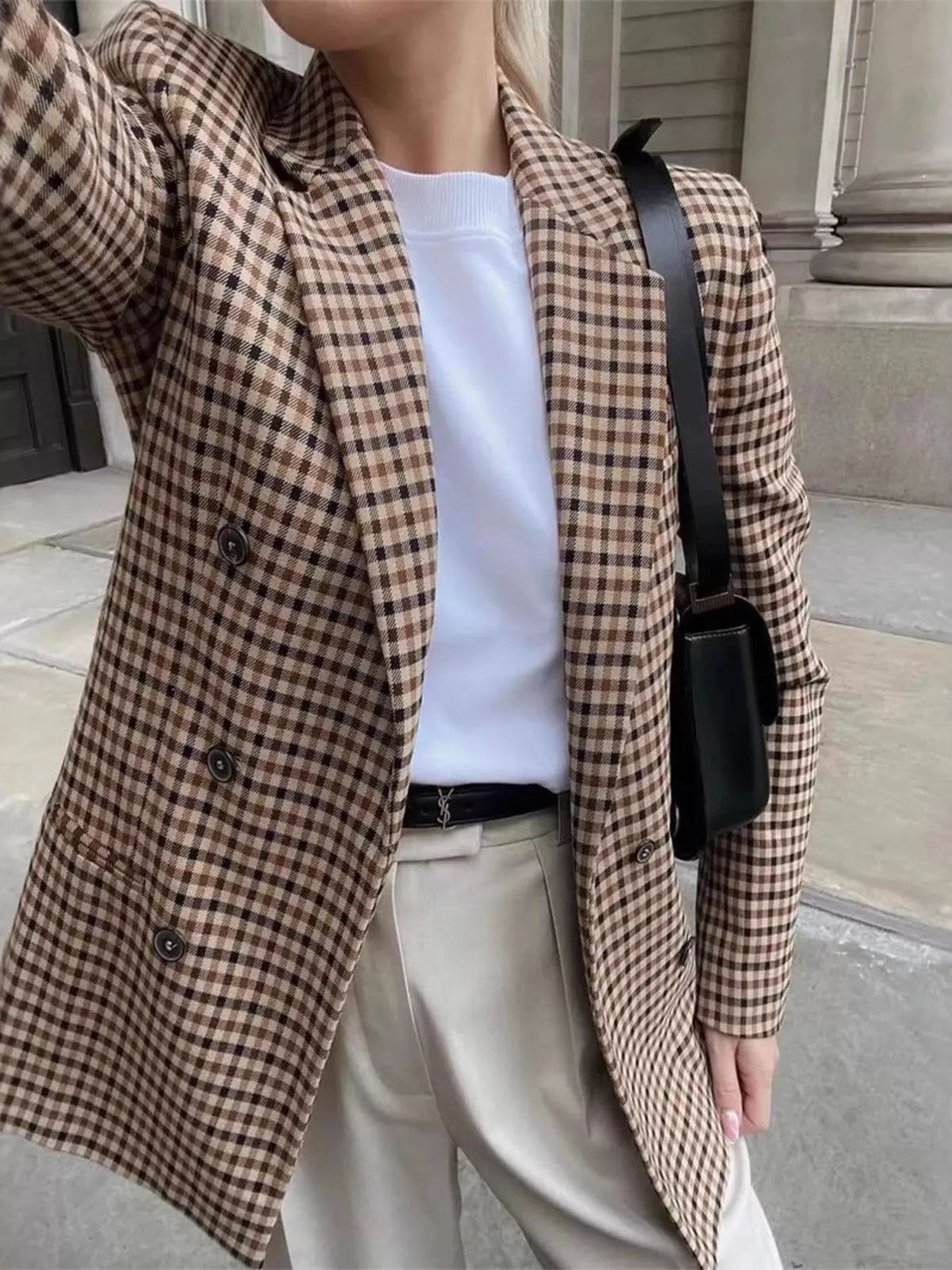Plaid Lapel Collar Long Sleeve Blazer - Khaki - View 1