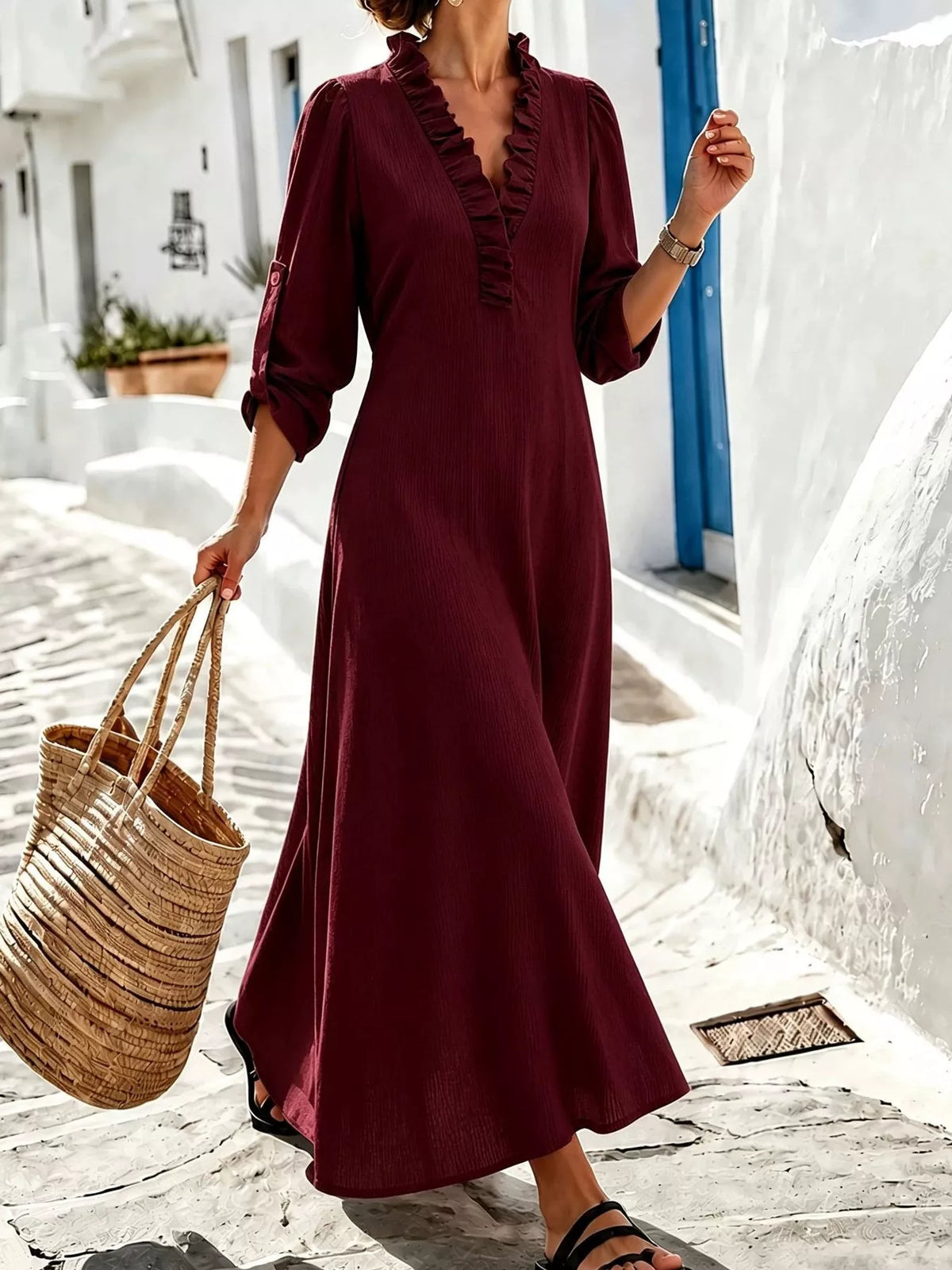 Full Size V-Neck Maxi Dress with Roll-Up Sleeves Plus Size - Wine Red - View 1