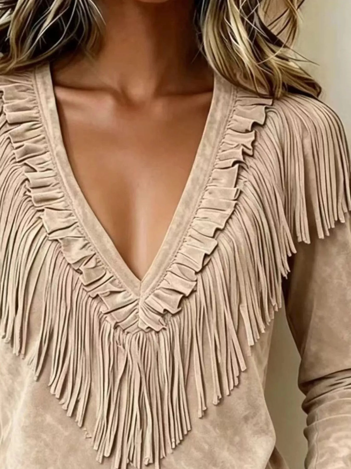 Fringed V-Neck Blouse - Beige - View 2