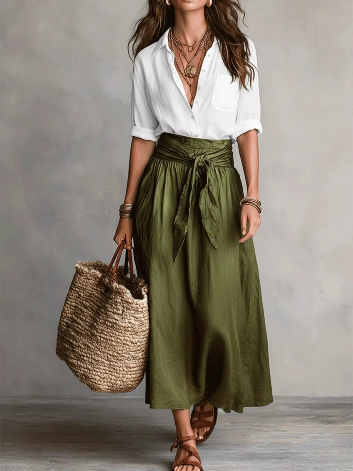 Full Size Button-Down Shirt and Skirt Set Plus Size - White - View 1