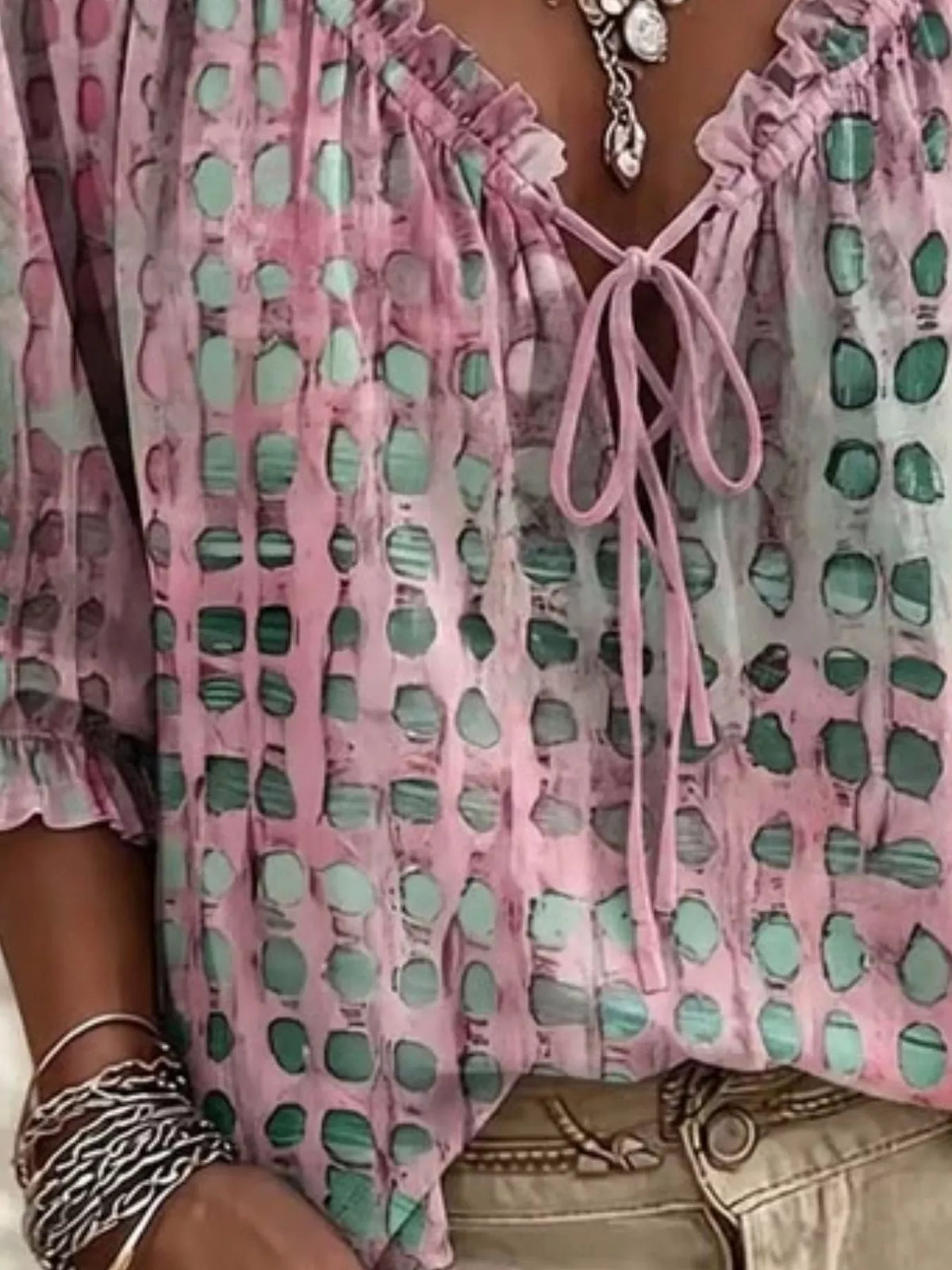 Full Size Tie Neck 3/4 Sleeve Blouse Plus Size - Pink - View 12