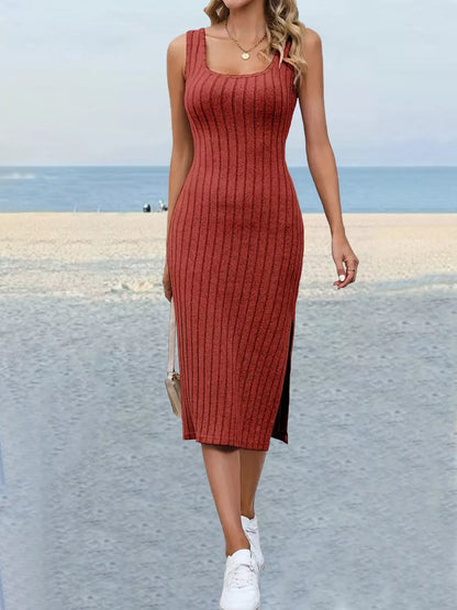Slit Sleeveless Scoop Neck Dress - Orange Red - View 1