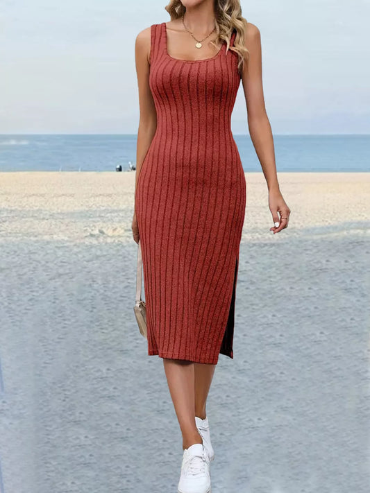 Slit Sleeveless Scoop Neck Dress - Orange Red - View 1