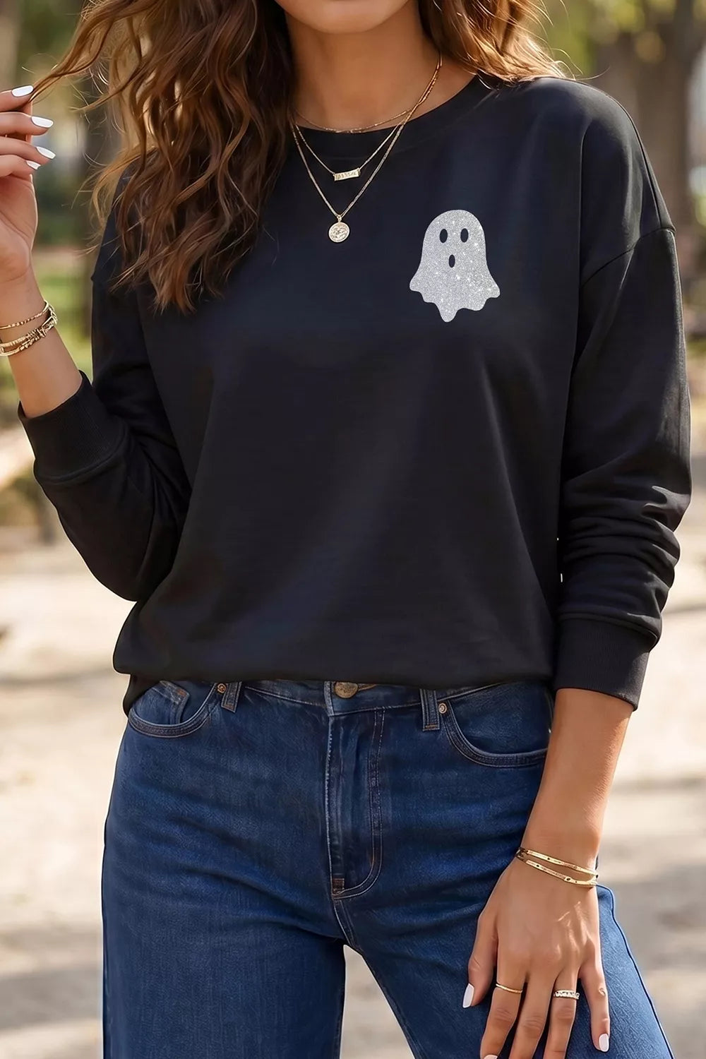 Round Neck Ghost Print Regular Fit Graphic Long Sleeve T-Shirt - All Colors - View 1