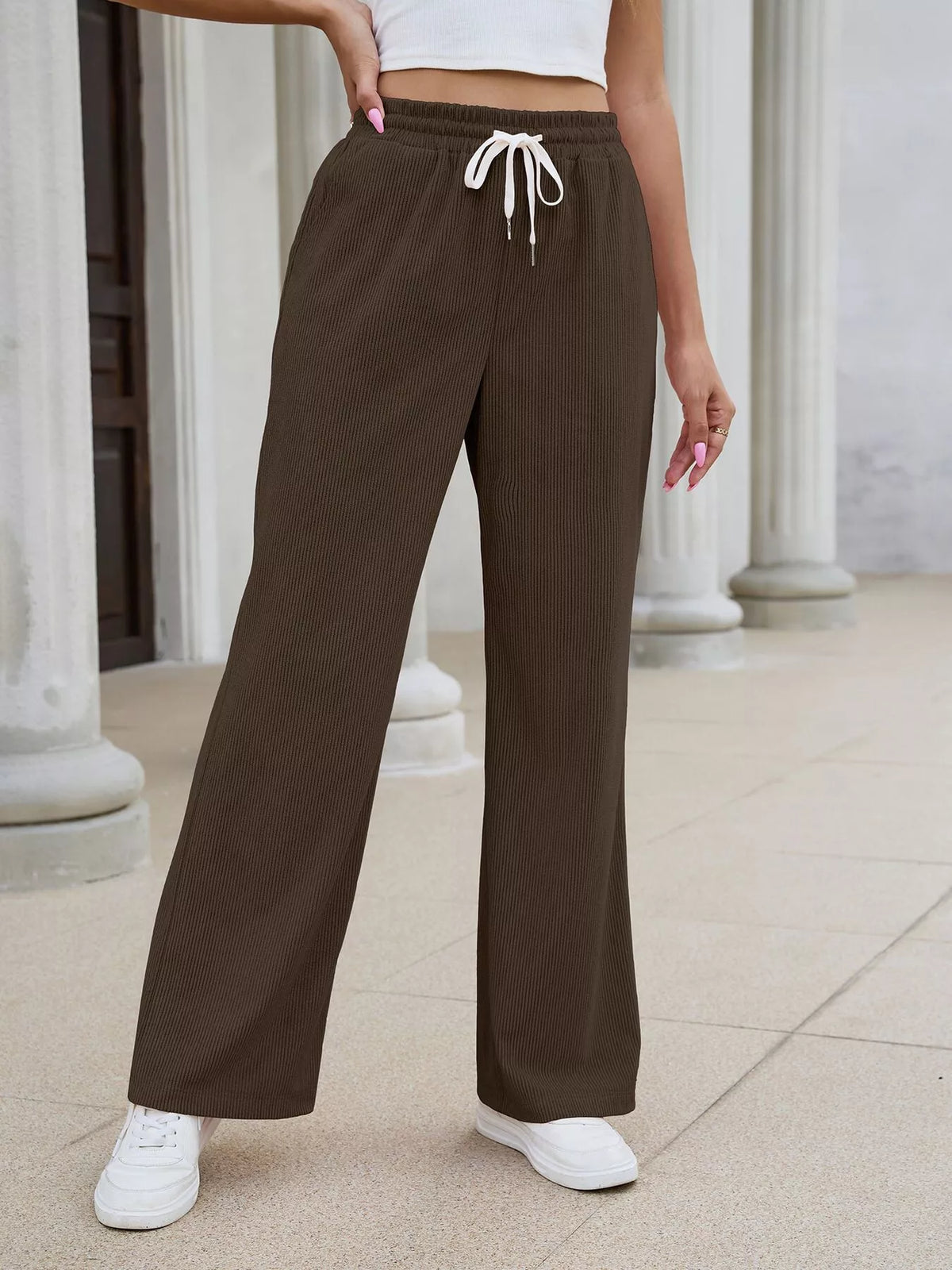High-Waisted Drawstring Wide-Leg Casual Pants - Brown - View 1