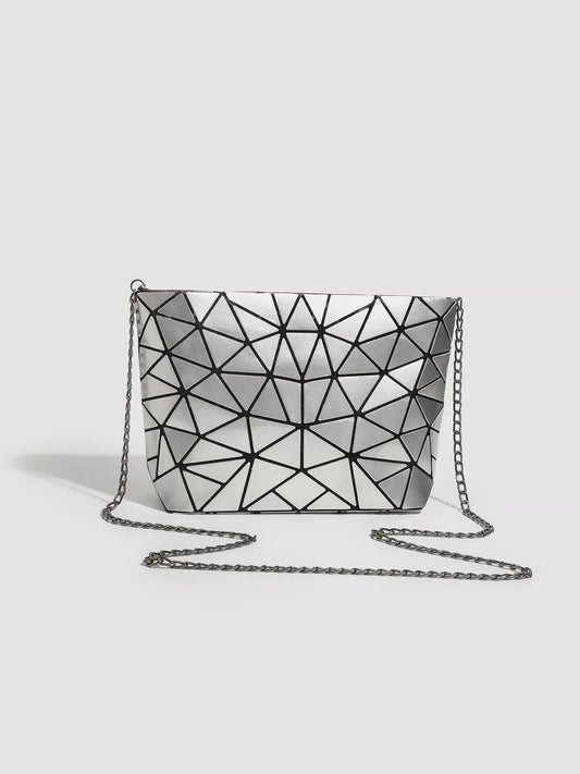Geometric Metallic Crossbody Bag with Chain Strap - Silver - View 1