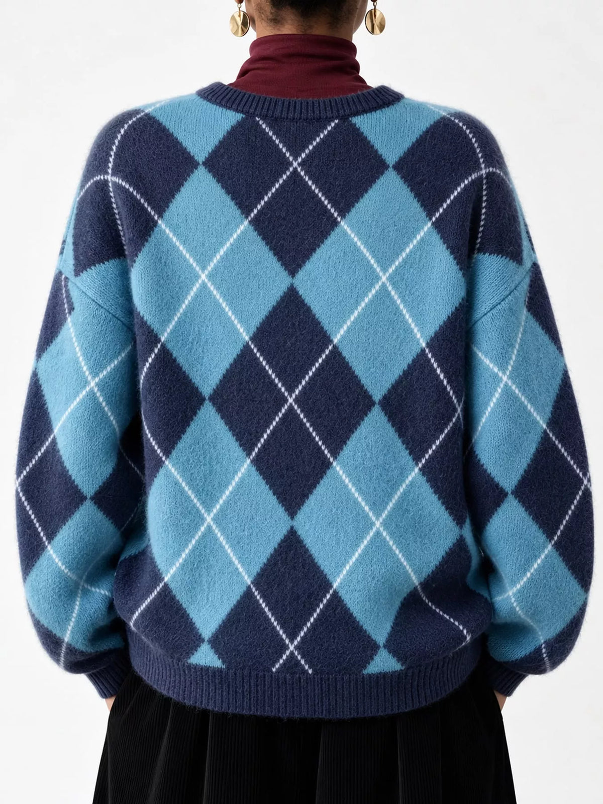 Argyle Pattern Fuzzy Knit Sweater - Royal Blue - View 28