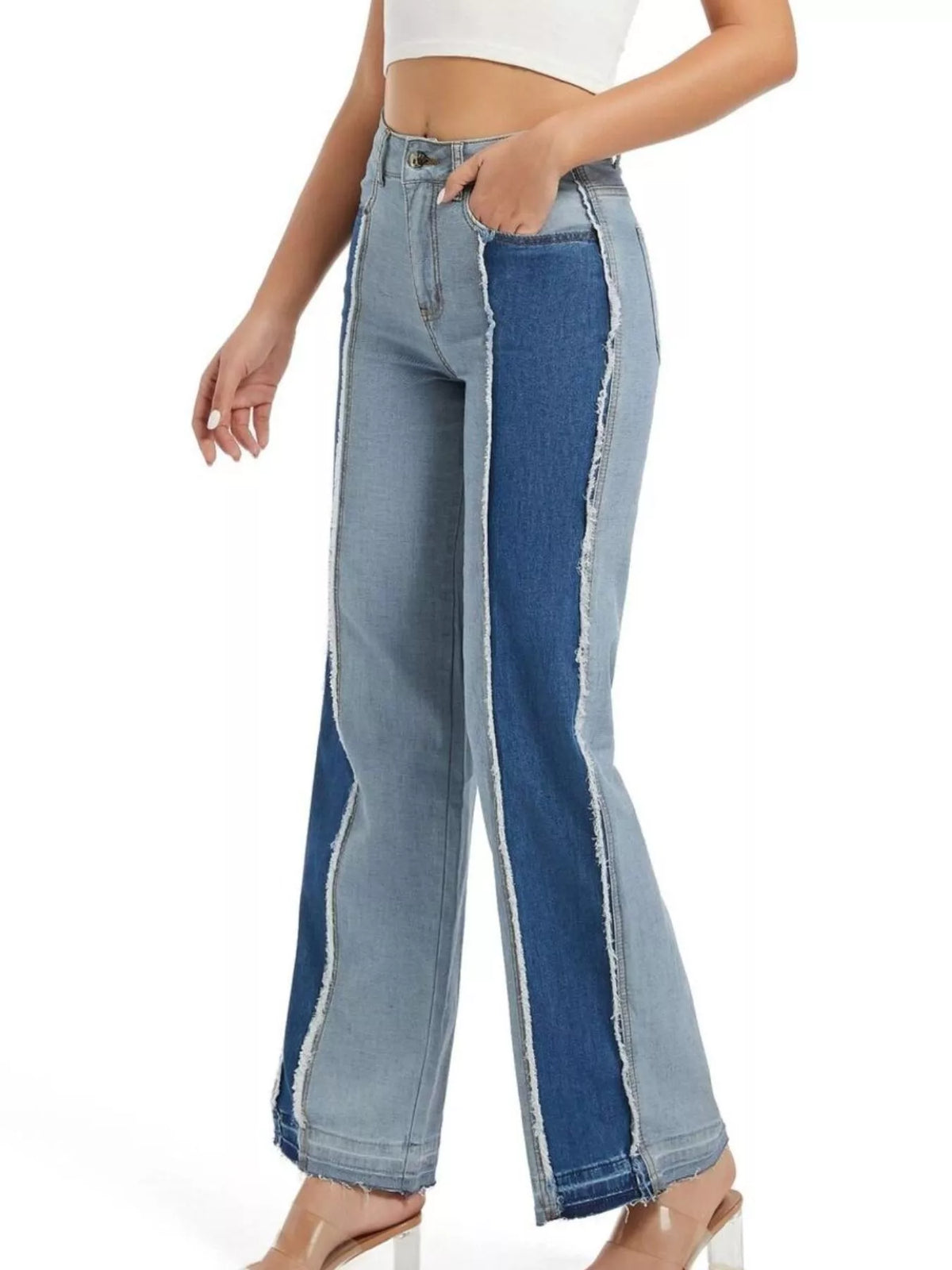 High-Waisted Two Tone Jeans - Blue - View 4