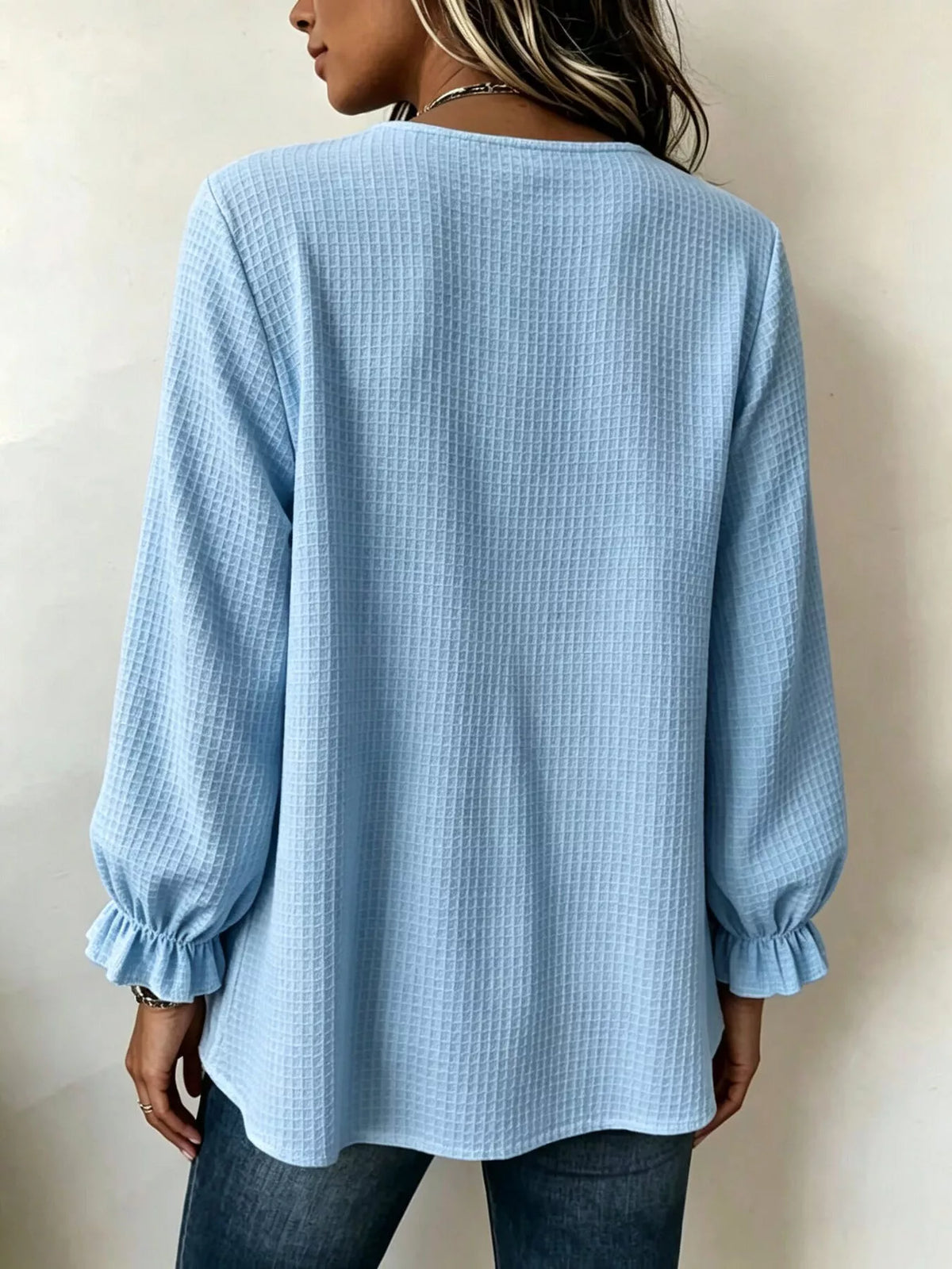 Waffle Knit Long Sleeve Top - Pastel  Blue - View 13