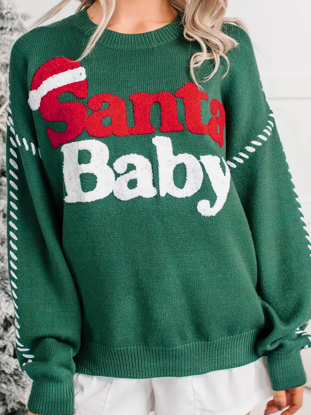 Santa Baby Towel Embroidery Christmas Slogan Pullover Sweater - Dark Green - View 3