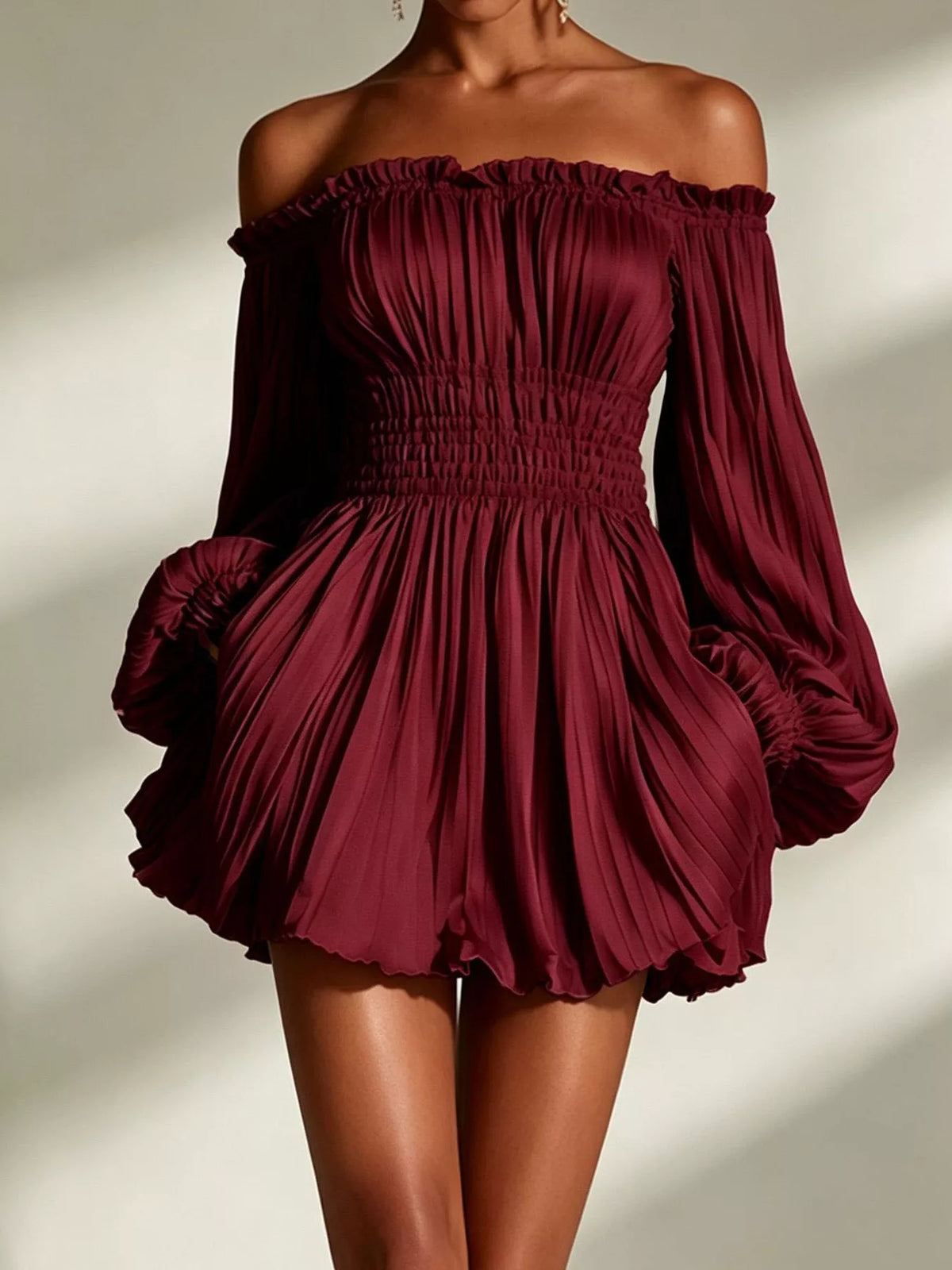 Off-Shoulder Pleated Mini Dress - Burgundy - View 1