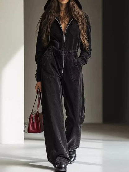 Zip Front Wide Leg Hooded Denim Jumpsuit - All Colors - View 1