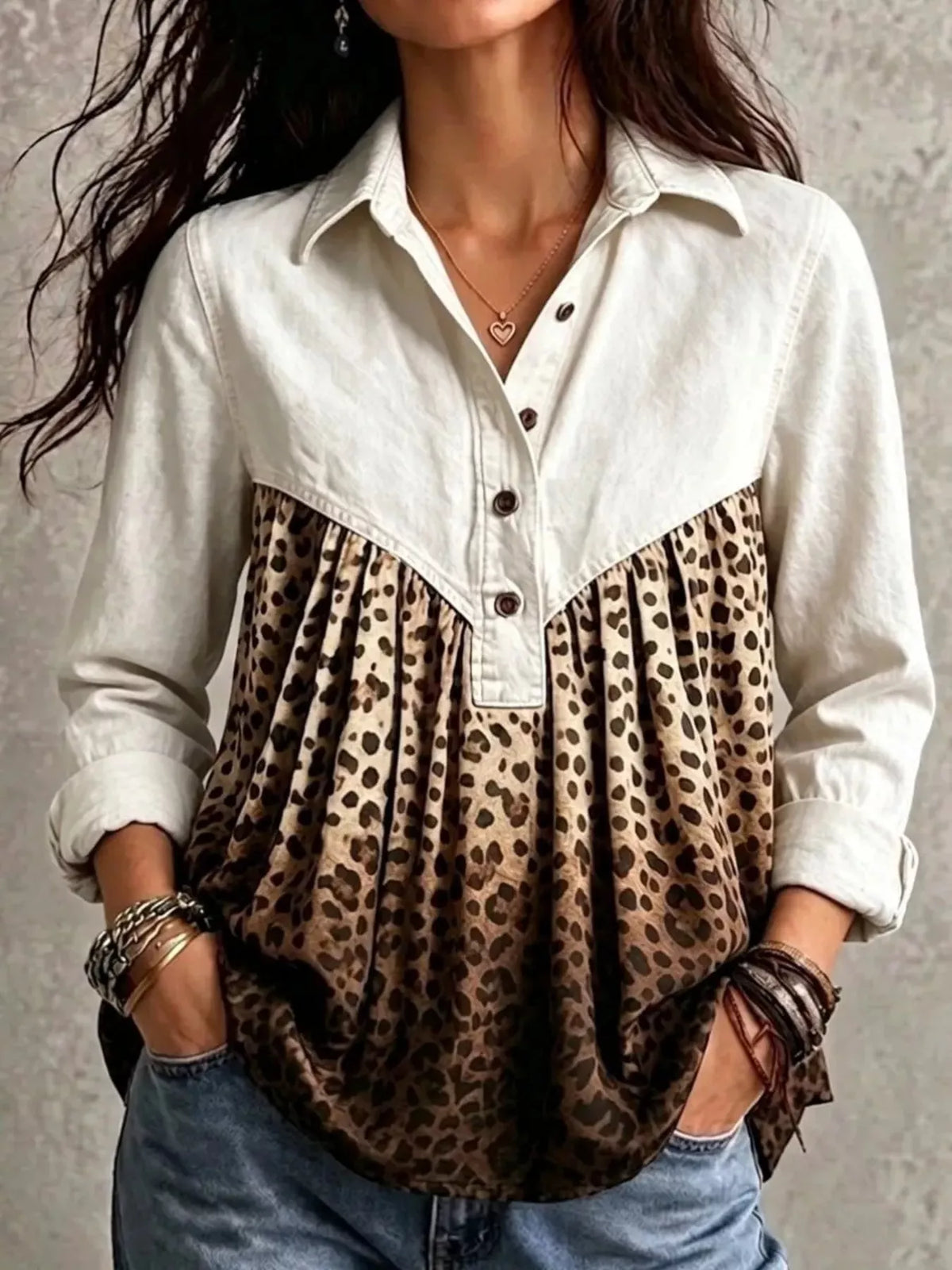 Full Size Leopard Button Detail Blouse Plus Size - White - View 1