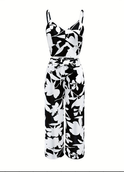 Fashion Print Strap Top High-Waisted Wide-Leg Long Pants Flowy Casual Women's Outfit Set