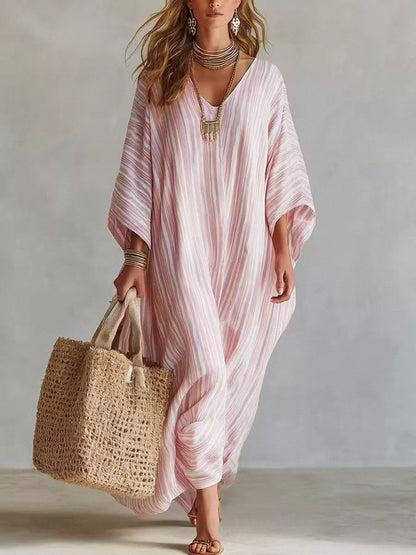 Striped V-Neck Maxi Dress - Blush Pink - View 1