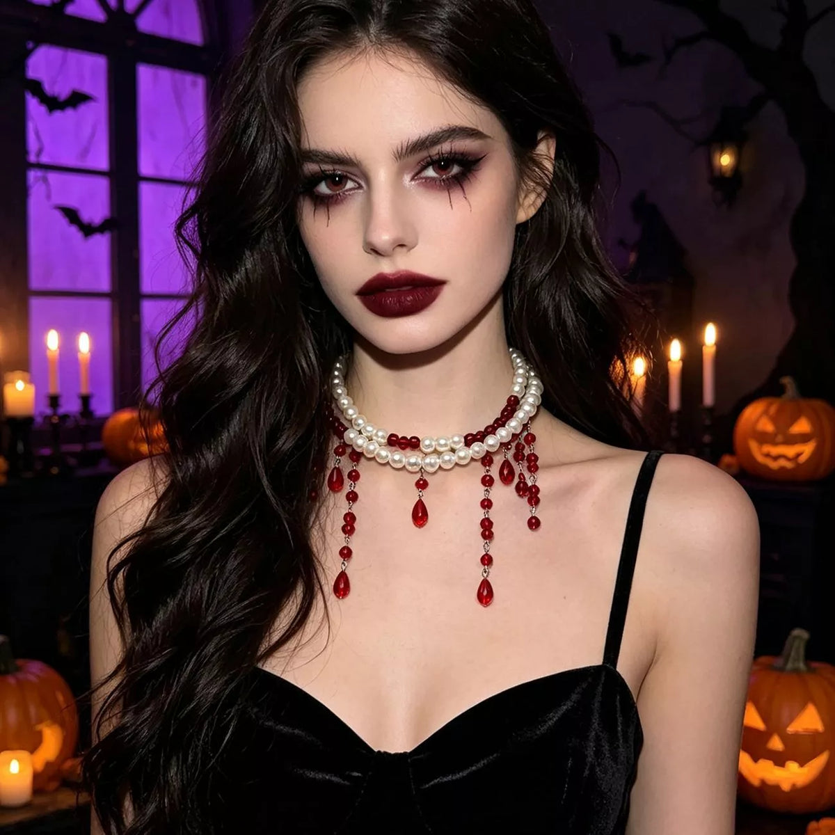 Halloween Pearl Double Layered Choker Necklace - Burgundy - View 4