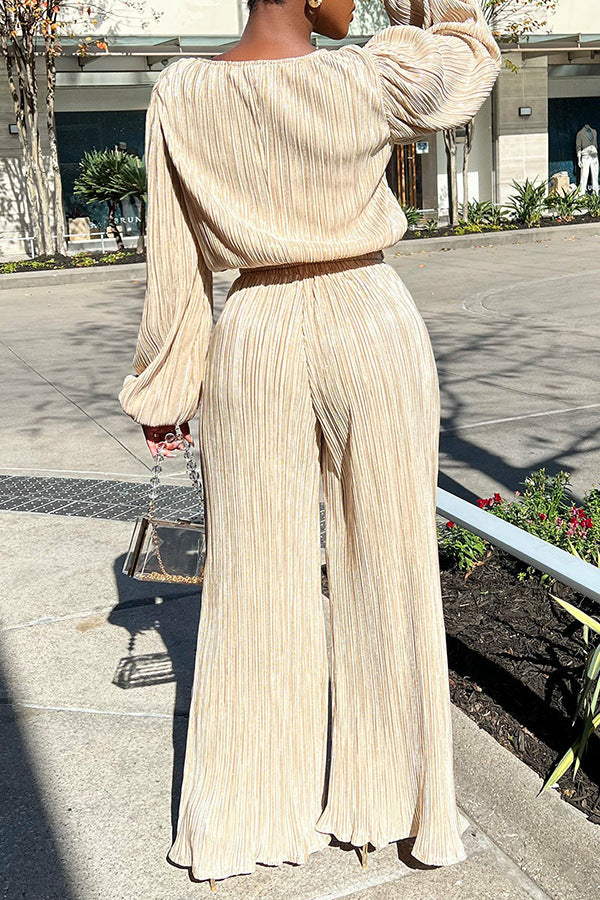 Women's Autumn Home Casual Loose Pleated High Elastic Two-Piece Suit